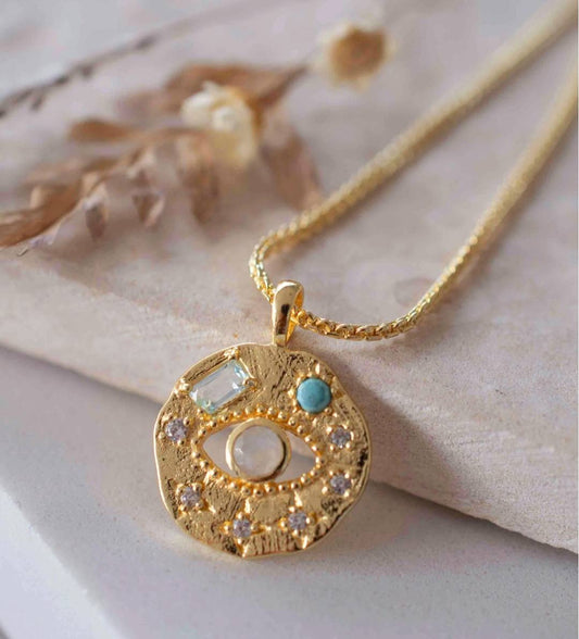 Nytt og vakkert "Evil Eye " Necklace * Moonstone, Copper Turquise, 18K Goldplated