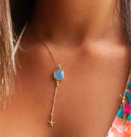 Nytt og enkelt Cila Designkjede med Aqua Blue Chalsedony w/Sea Star, 18 K Gold Vermeil