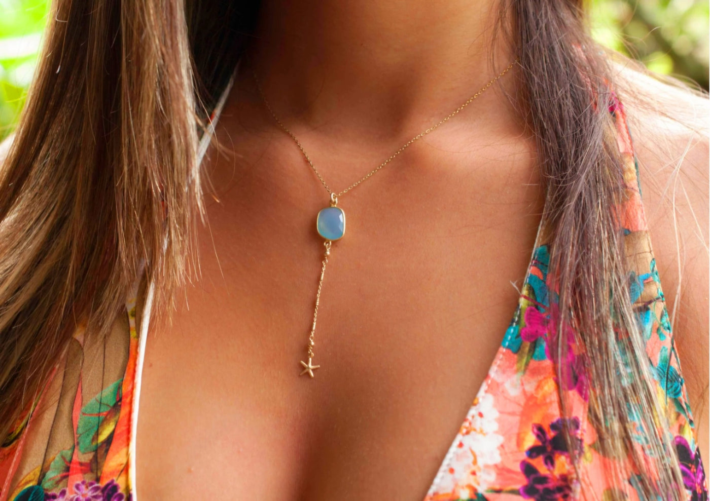 Nytt og enkelt Cila Designkjede med Aqua Blue Chalsedony w/Sea Star, 18 K Gold Vermeil