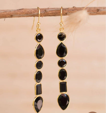 CILA Long Design Black Onyx Stud Earrings , 18K Goldplated