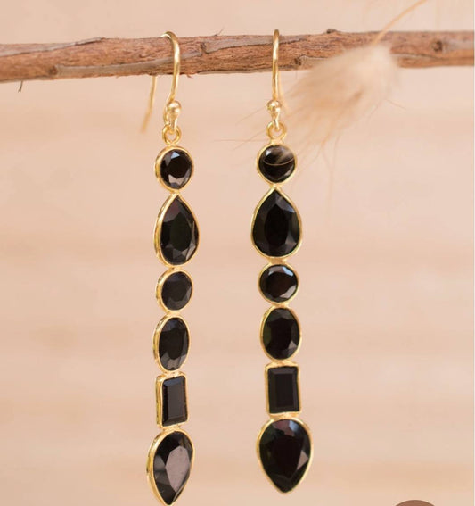CILA Long Design Black Onyx Stud Earrings , 18K Goldplated