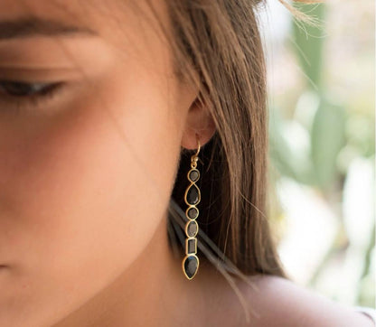 CILA Long Design Black Onyx Stud Earrings , 18K Goldplated
