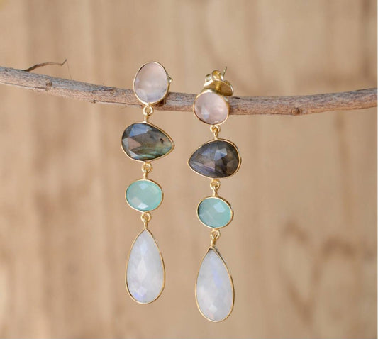 CILA Long Design Earrings w/ Aqua Calcedony, Rose Quartz, Labradorite, Moonstone , 18K Goldplated