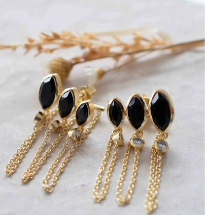 CILA Design Black Onyx & Zircona Stud Earrings , 18K Goldplated
