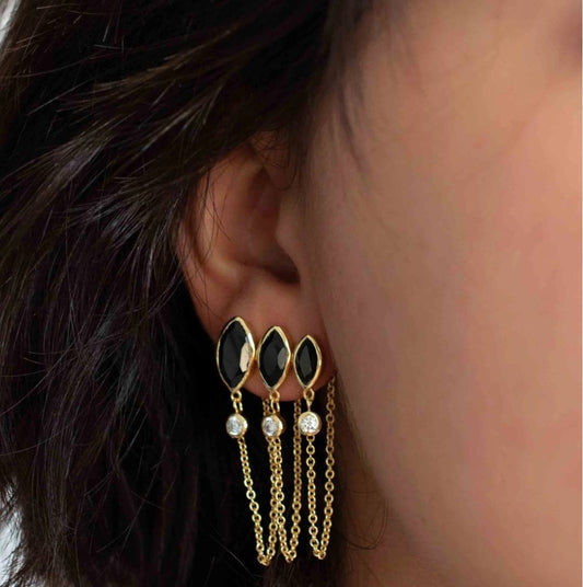 CILA Design Black Onyx & Zircona Stud Earrings , 18K Goldplated