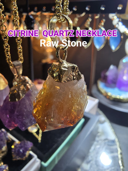 Citrine Råkvarts Nugget Point anheng m/kjede, Gold Electroplated