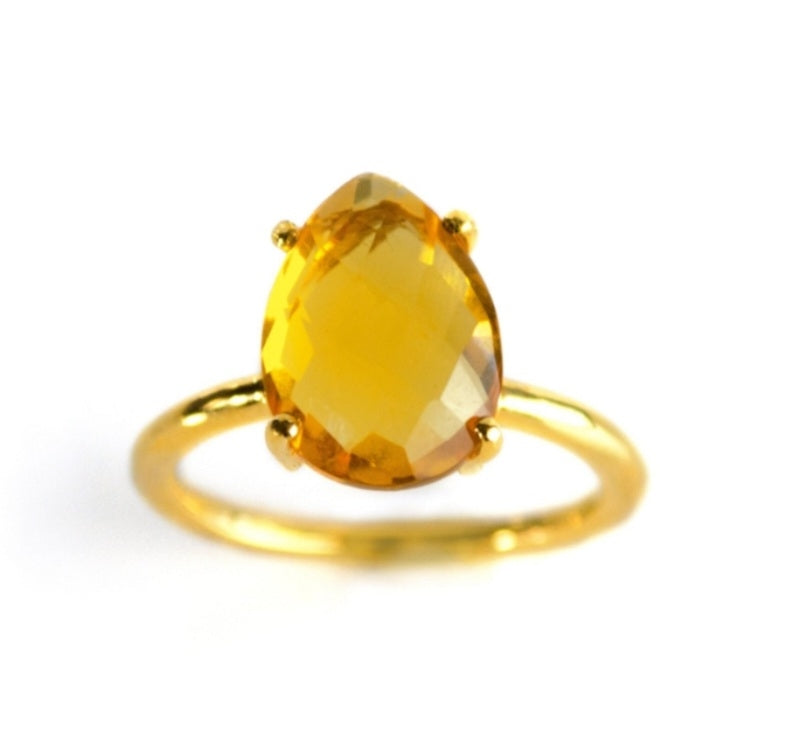 Vakre "Solitair Tear Drop" Designring m/enkel innfatning og 12x9mm sten, CITRINE - November Birthstone