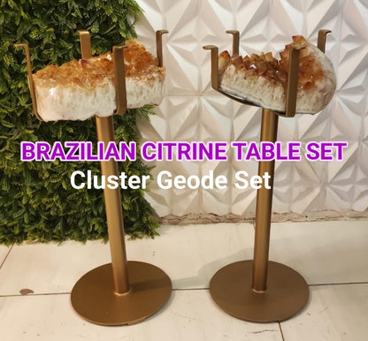 KAMPANJE / HIGH QUALITY BRAZILIAN CITRINE ( Heated ) CLUSTER GEODE COFFEE / SOFA TABLE SET , Totalvekt ca. 20kg. - 29x21cm + 28x24cm - Høyde 58cm