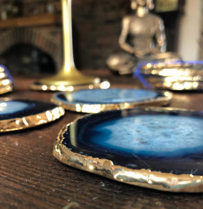 Blue Brazilian Agate 24ct Gold Edge, Gilded, Microcrystalline Quartz Premium Coasters (Set of 4)