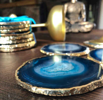 Teal Ocean Blue Brazilian Agate 24ct Gold Edge, Gilded, Microcrystalline Quartz Premium Coasters (Set of 4)