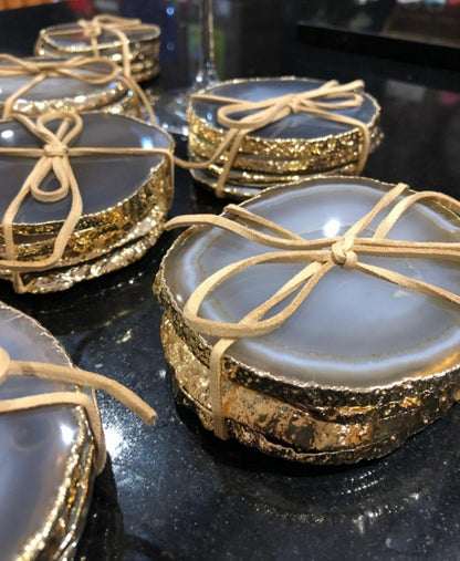 Grey Brazilian Agate 24ct Gold Edge, Gilded, Microcrystalline Quartz Premium Coasters (Set of 4)