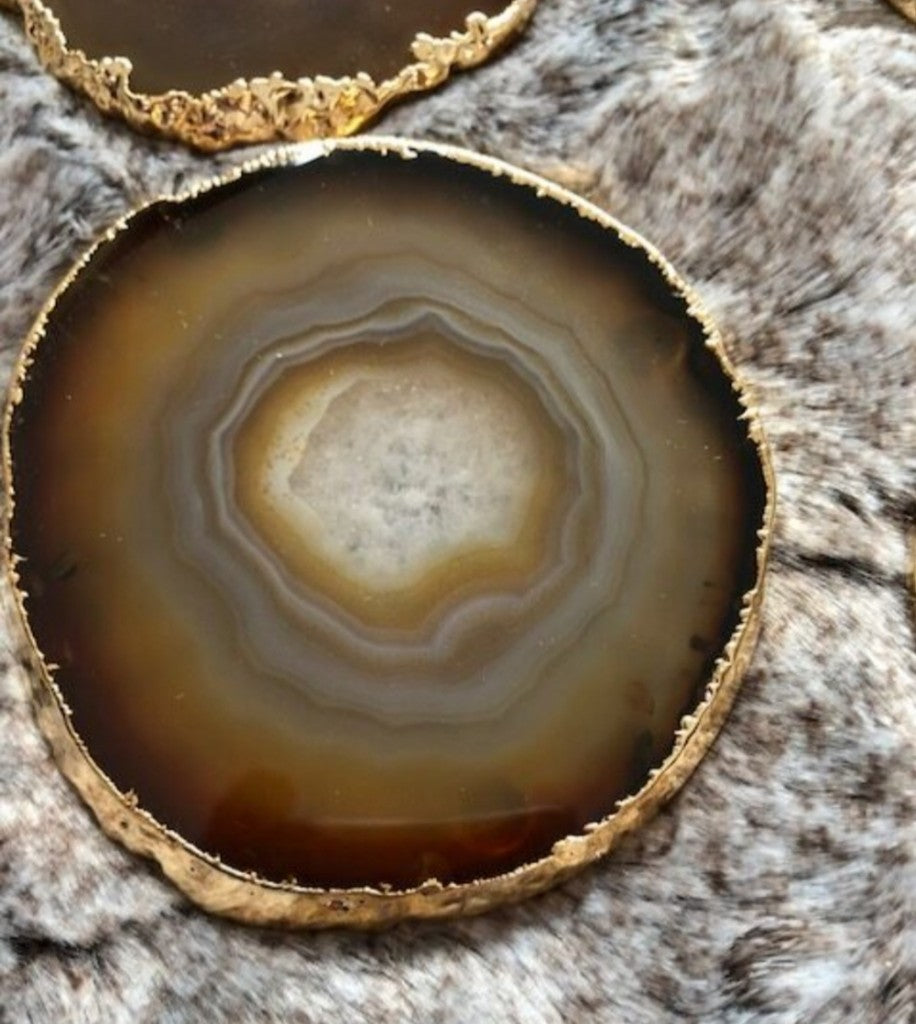 Natural Light Brown Brazilian Agate 24ct Gold Edge, Gilded, Microcrystalline Quartz Premium Coasters (Set of 4)