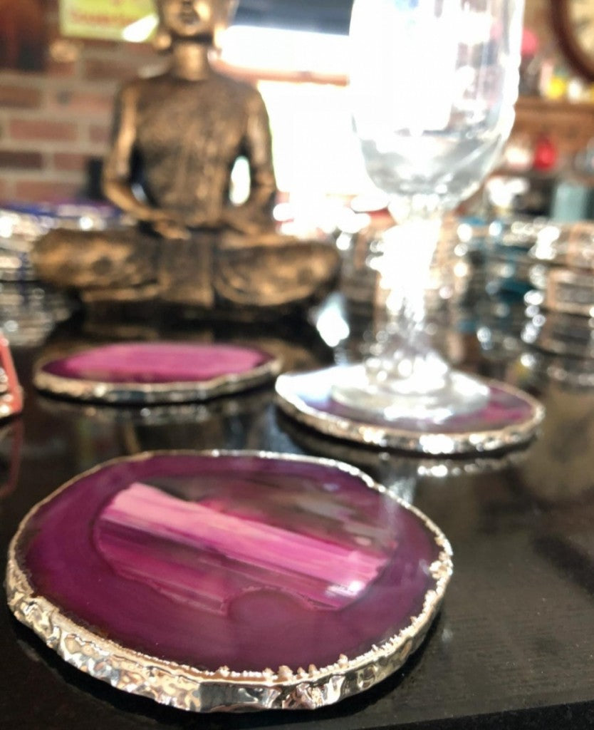 Pink Brazilian Agate 24ct Gold Edge, Gilded, Microcrystalline Quartz Premium Coasters (Set of 4)
