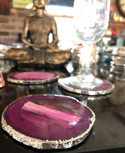 Pink Brazilian Agate 24ct Gold Edge, Gilded, Microcrystalline Quartz Premium Coasters (Set of 4)