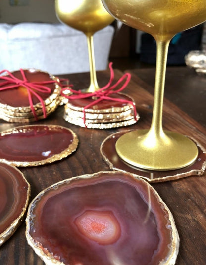 Red / Rust Brazilian Agate 24ct Gold Edge, Gilded, Microcrystalline Quartz Premium Coasters (Set of 4)