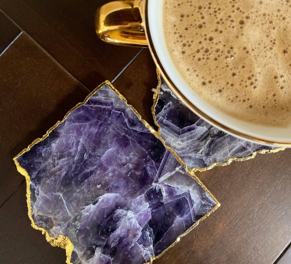 Ametyst Coaster skiver med gullbelagte kant, 10mm tykk kant, stk. pris