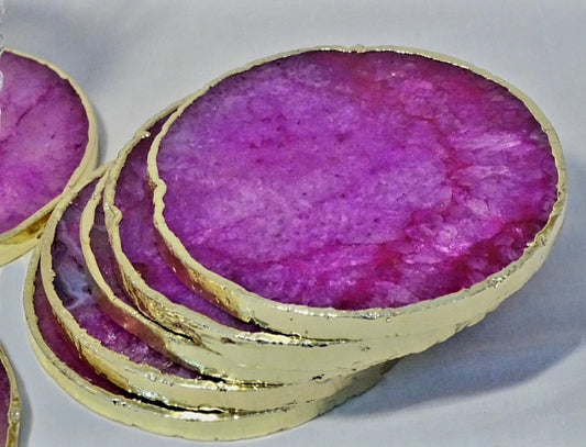 Nye Pink Agat Coasterskiver med Gold Electroplated 10mm tykk kant, round design stk. pris