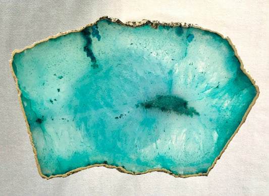 Vakker, hÅndlaget XL ( 28x18cm ) Aqua Turquise Agat Coaster decorskive med gullbelagt kant fra India