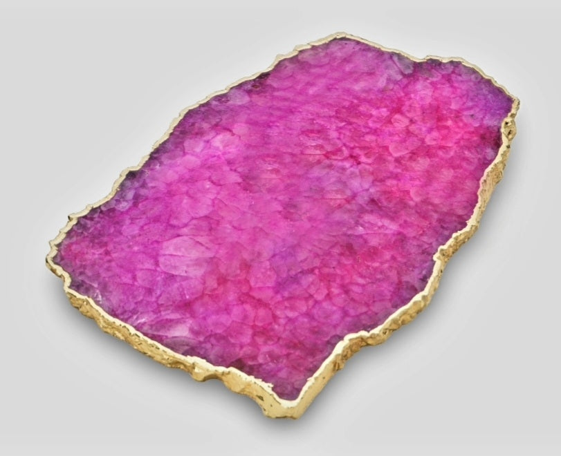 Vakker, hÅndlaget XL (28x18cm) Magenta Agat  Coaster decorskive med gullbelagt kant fra India