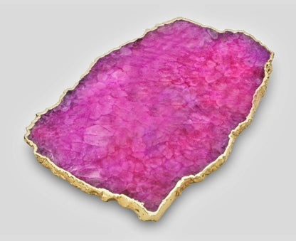 Vakker, hÅndlaget XL (28x18cm) Magenta Agat  Coaster decorskive med gullbelagt kant fra India