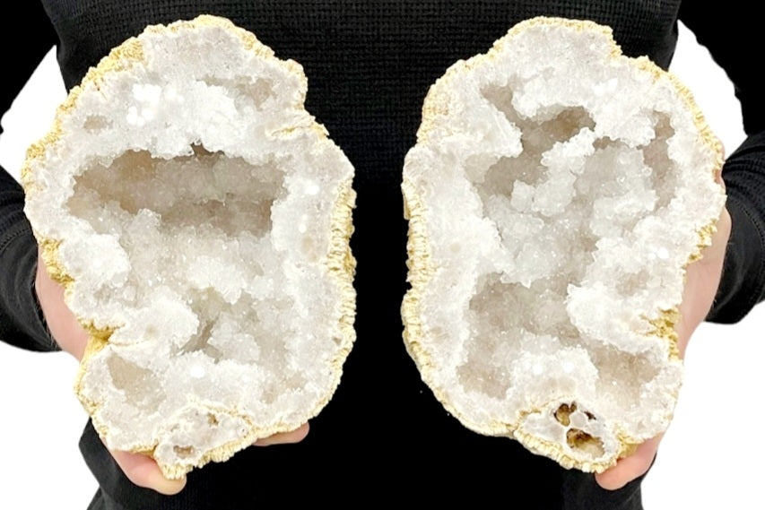 XLarge Sparkly Coconut White Quartz Marocco Geode ( par ), ca. 3500gram, 20x15cm inkl. 2 stk. stativer