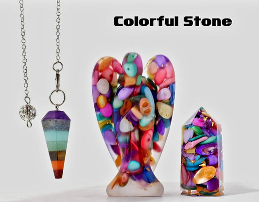 Nye 3 pcs Krystallsett ( Pendel, Engel , Tårnkrystall ) , Resin & Chakra Colorful Stones