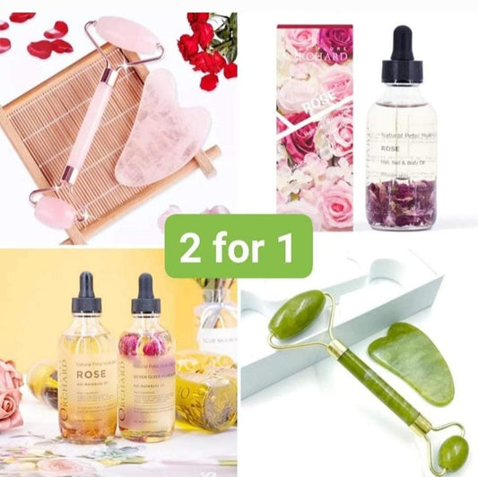 Kampanje Roller & Gua Sha Quartz Facial Spa Set + 60ml Vegan Rose Multioil