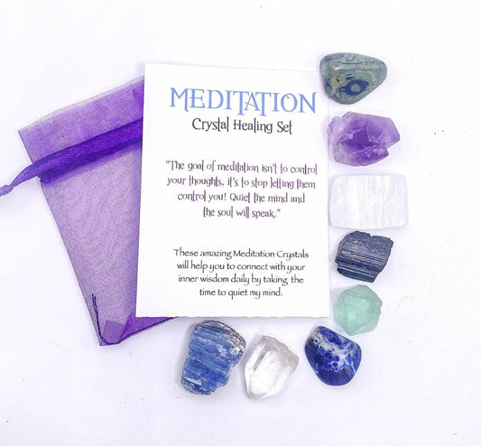 NEW MEDITATION CRYSTAL STONE HEALING SET ( 8 Stones ), MEDITATION "Quiet the mind and the soul will speak.”