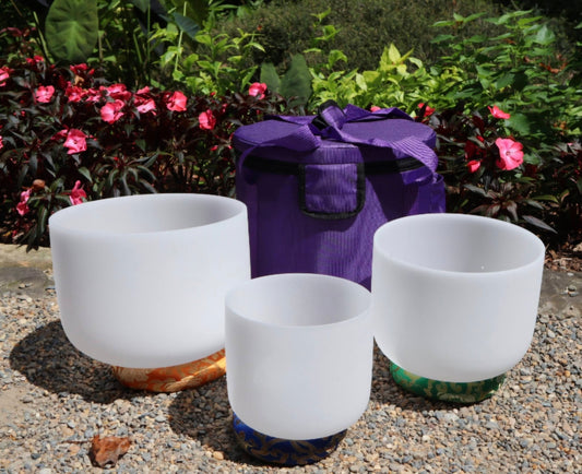 3 PCS Crystal Singing Bowls Set 432Hz 6"-12" - White Quartz Sound Bowls - Including Mallets & Carrying Bags, 3 White Quartz Bowls