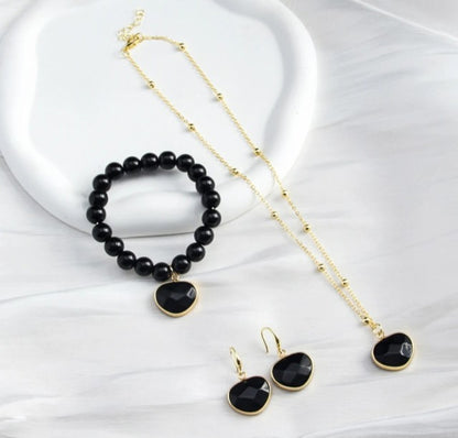 Nye Design Smykkesett m/Hjerteanheng ( Kjede, armbÅnd, øredobber ), Sort Agate