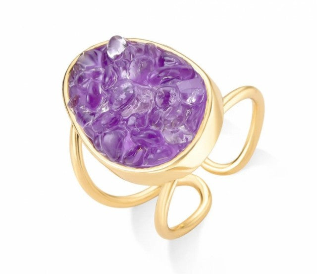 2025 Brazil Gem 18 K Gold Plated Cuff Ring with Natural Ametyst Gemstones