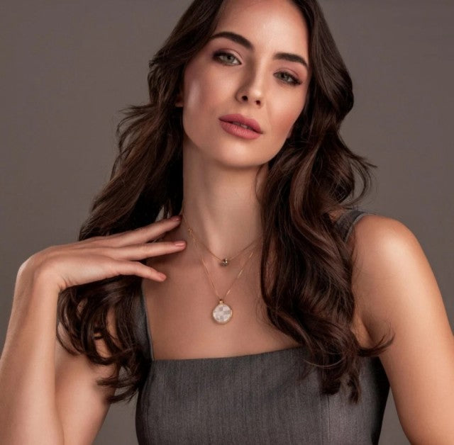 New 2025 Brazil Gem Mother of Pearl Mosaic Pendant + Pyrite 18K Gold Plated Layered Necklace