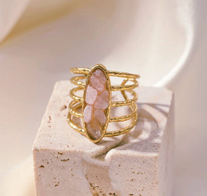 Ny Vintage Micci Design Crystal Rings, Rose Quartz - 18k Gold Electroplated, justerbar
