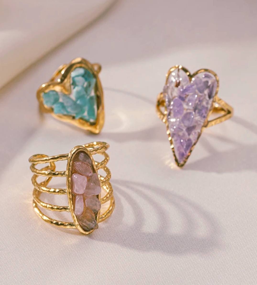 Ny Vintage Micci Design Crystal Rings, Rose Quartz - 18k Gold Electroplated, justerbar
