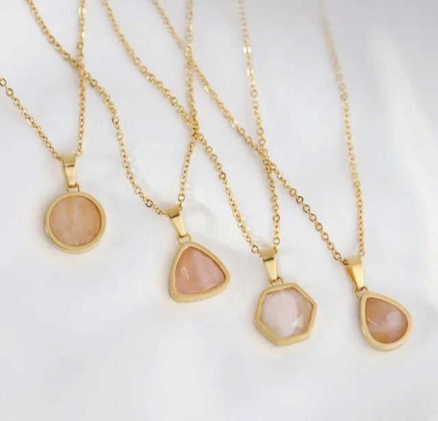 NEW MICCI JEWELRY NATURAL STONE NECKLACES, 45cm , Gold Elecrtroplated, Rose Quartz 16mm Hexagon