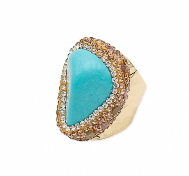 Ny, fancy TURKIS Stone & Rhinestone Ring, Gold Electroplated