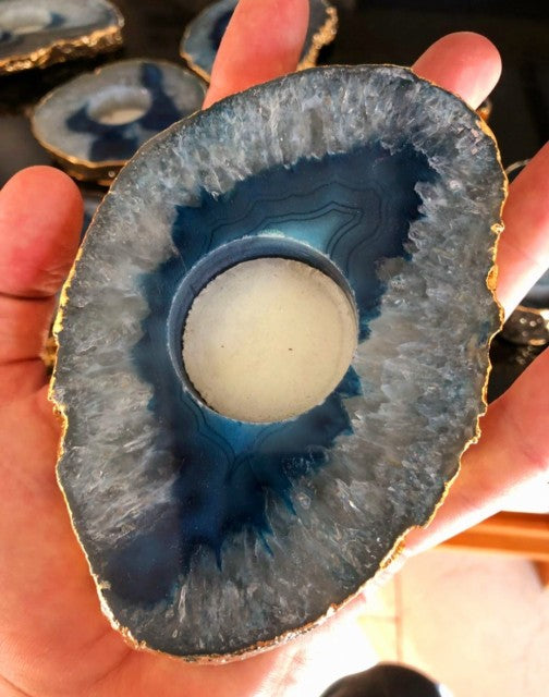 Brazilian Blue Agat Coaster Telys dekorasjon Gold Electroplated, LARGE