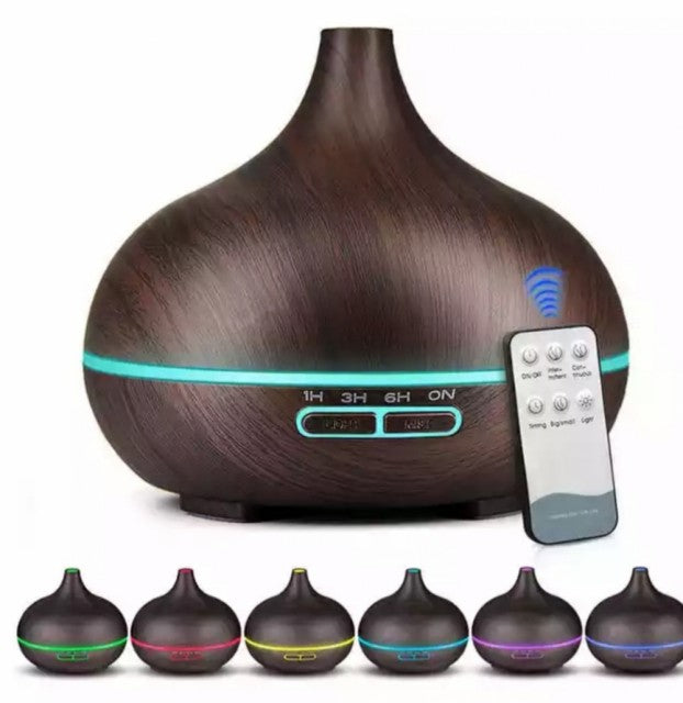 Stor Aroma Damp Diffuser i Nøttetre look med fjernkontroll, ledlys, fjernkontroll !