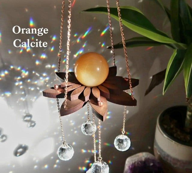 New 2024 Lotus Rainbow Crystal Suncatcher w/ Orange Calcite Quartz 21mm Sphere