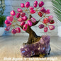 Vakre og eksklusive Feng Shui - Bonsai Lykketrær m/ ekte krystaller og Ametyst Clusterfot, ca. 12cm høy, Rosa - Lilla Ag