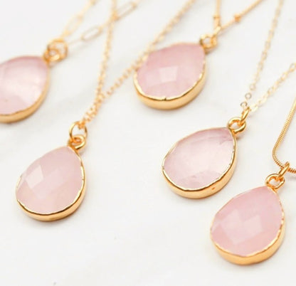 Nytt vakkert Rose Quartz Kjede med 20x15mm Tear Drop Anheng, 14k Gold Filled