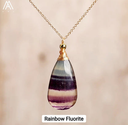 Supervakre AA kvalitet naturlig FLUORITE RAINBOW DrÅpeanheng Gold plated m/kjede, ca. 25x15mm