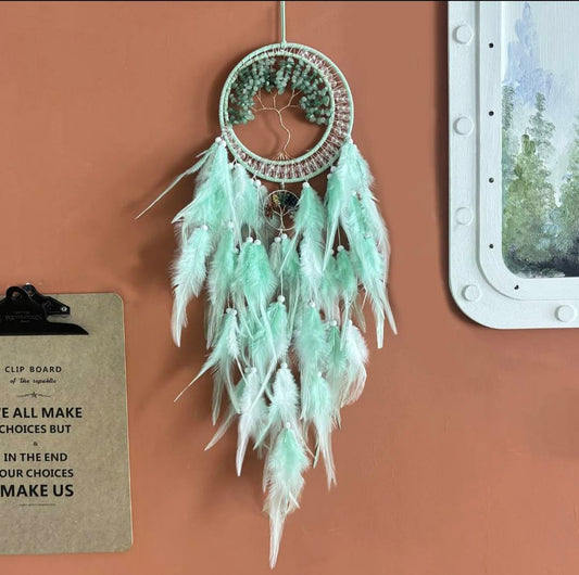Vakker Indian Drømmefanger m/ledlys og Grønn Aventurine Krystalldesign, 16x70cm. mintgrønn andefjær