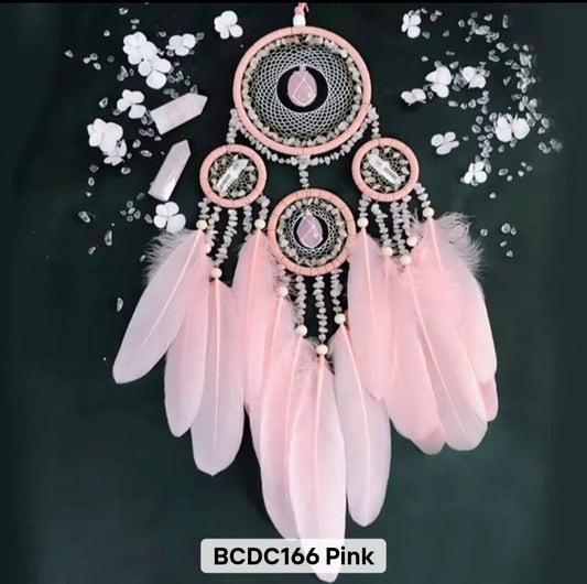 Vakker Indian Drømmefanger m/ledlys og ROSE QUARTZ Krystalldesign, 13x60cm, Rosa Andefjær