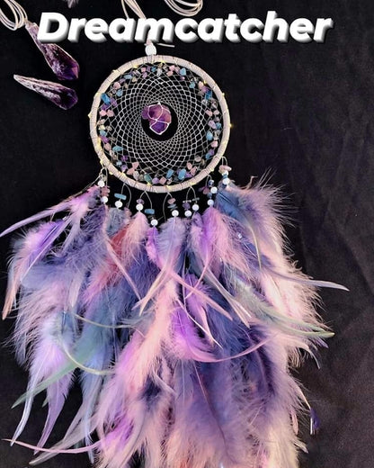 Vakker Indian Drømmefanger m/ledlys og Ametyst Krystalldesign, 16x60cm, Lilla/Rosa Andefjær