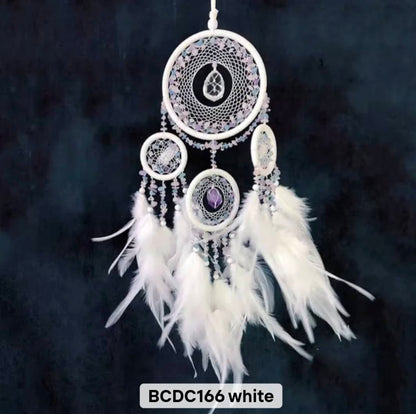 Vakker Indian Drømmefanger m/ledlys og Rå White quartz & Fluorite Krystalldesign, 13x50cm, Hvite Andefjær