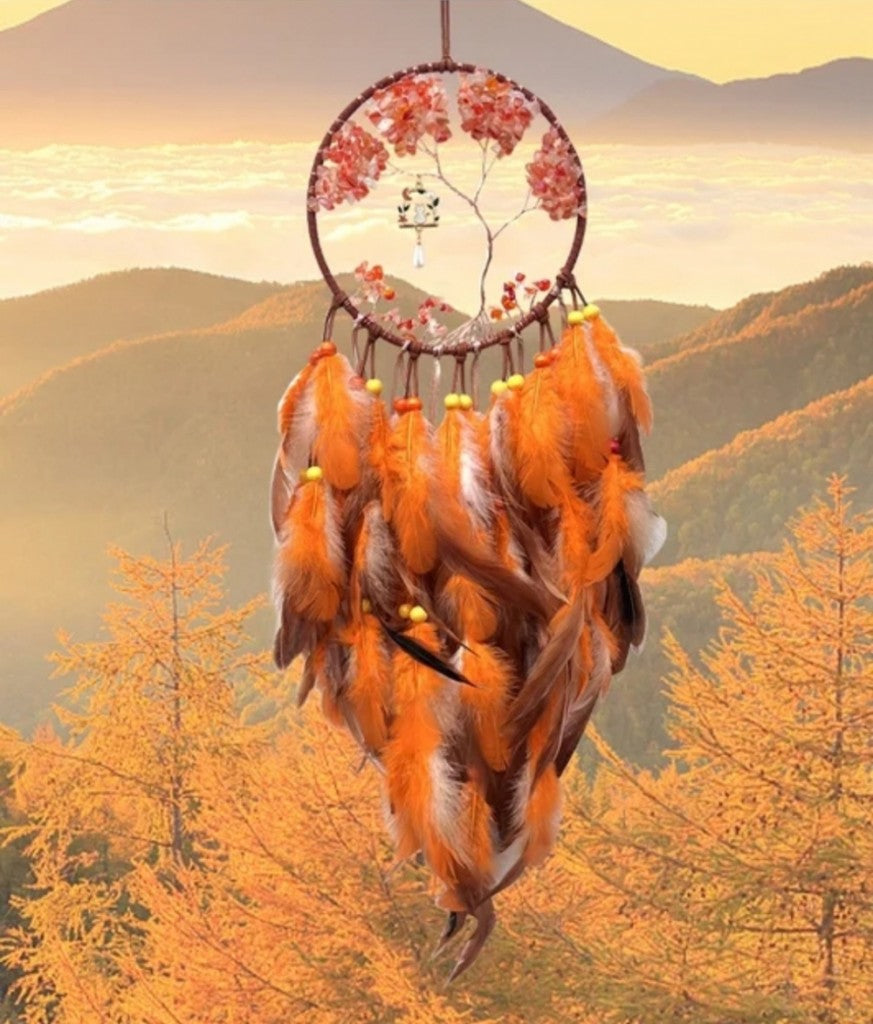 Vakker Indian Drømmefanger m/ledlys og Rosenkvarts/Karneol Livets Tre Krystalldesign, 16x70cm