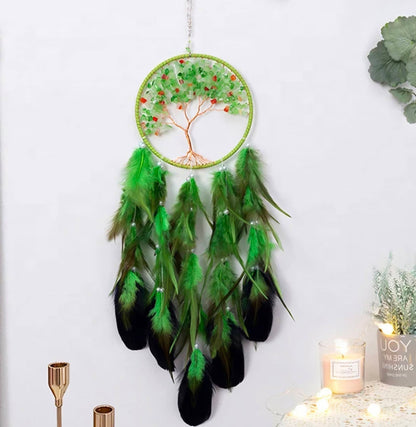 Vakker Indian Drømmefanger m/ledlys og Grønn Quartz Krystalldesign, 16x70cm, tofarget grønn andefjær