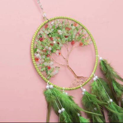 Vakker Indian Drømmefanger m/ledlys og Grønn Quartz Krystalldesign, 16x70cm, tofarget grønn andefjær