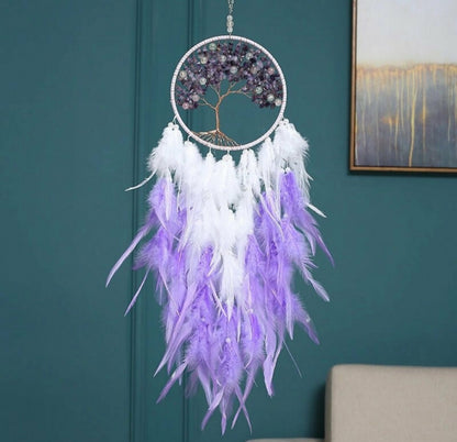 Vakker Indian Drømmefanger m/ledlys og Ametyst Livets Tre Krystalldesign, 16x65cm